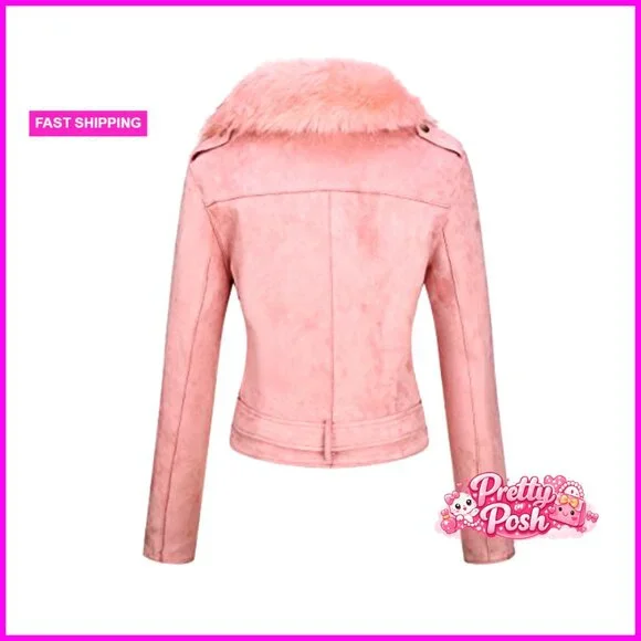 Faux Leather Suede Moto Jacket Sherpa-Lined Overcoat with Removable Belt - Picture 4 of 7